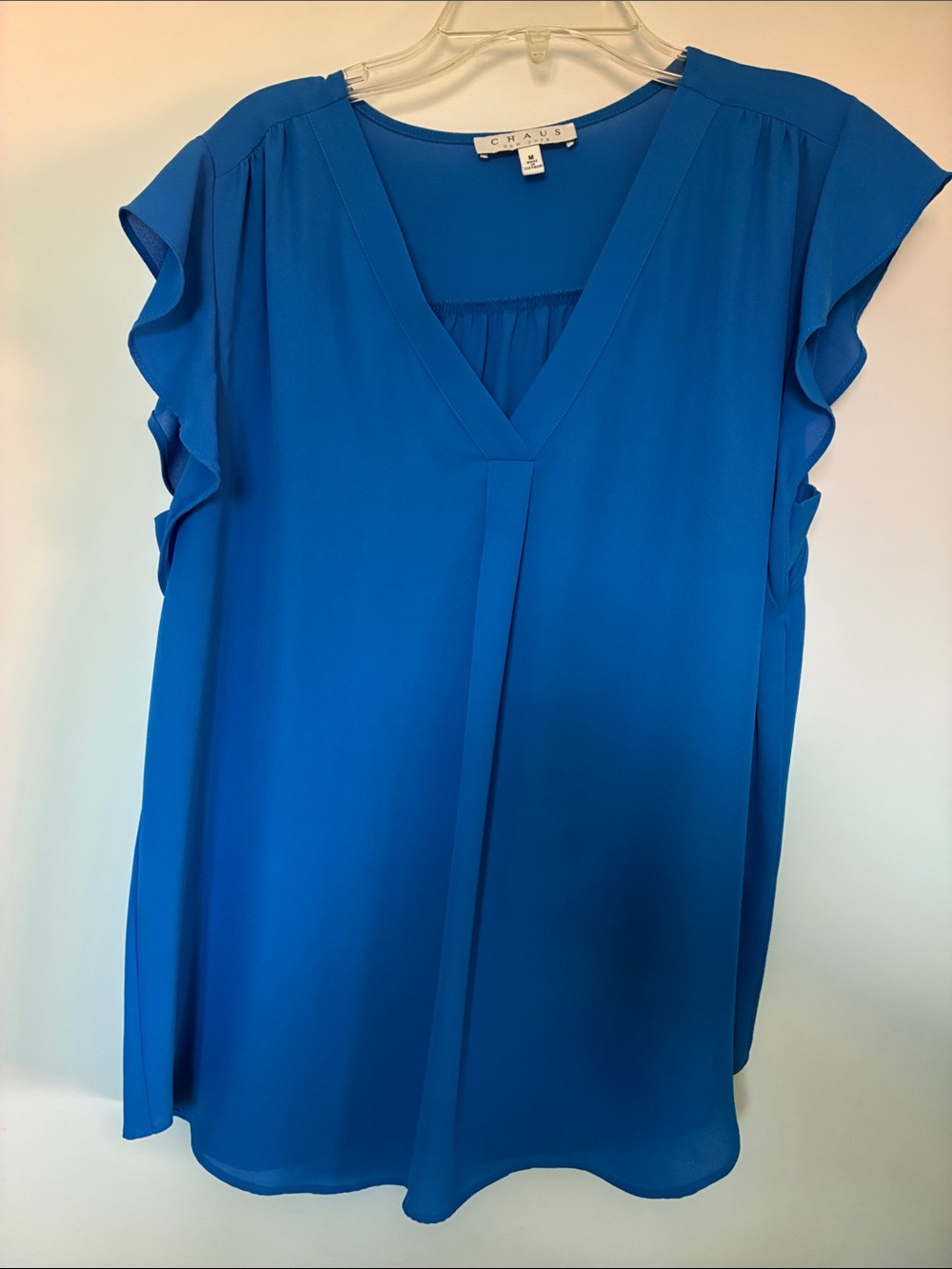 Chaus Bright Blue V-Neck Ruffle Sleeve Blouse